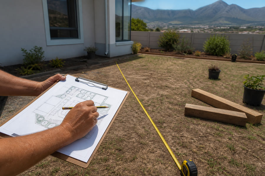 Hands sketching a garden layout on a clipboard, tape measure across a Somerset West yard with sleepers and nursery pots.