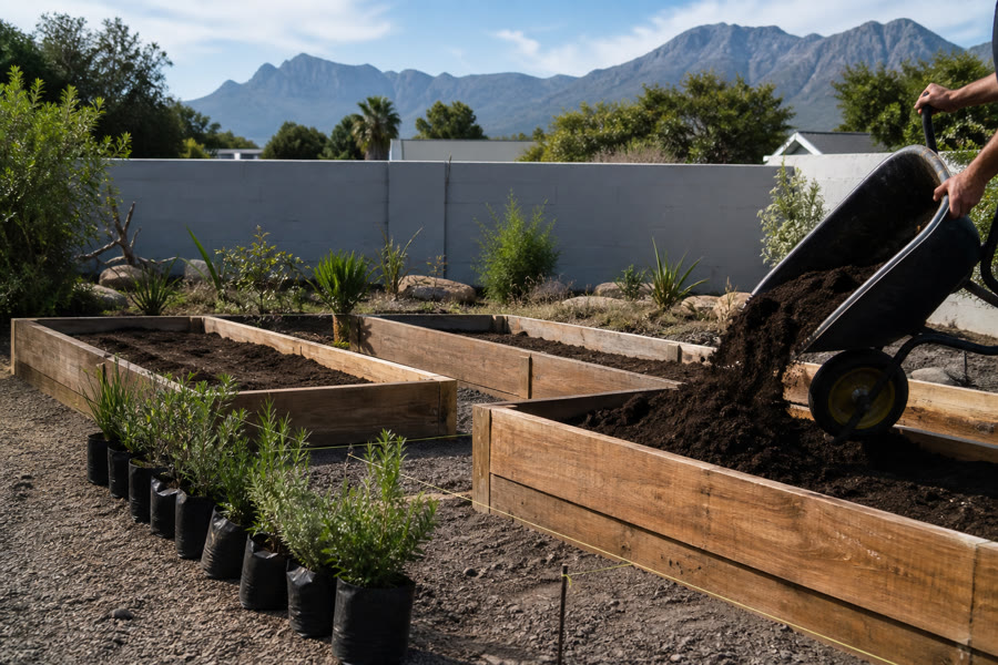 Hands tipping a wheelbarrow of soil into a timber raised bed, nursery shrubs in black bags, Helderberg behind.